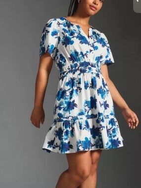 Anthropologie The Somerset Mini Dress Blue Floral Smocked Tiered Size [M ]
